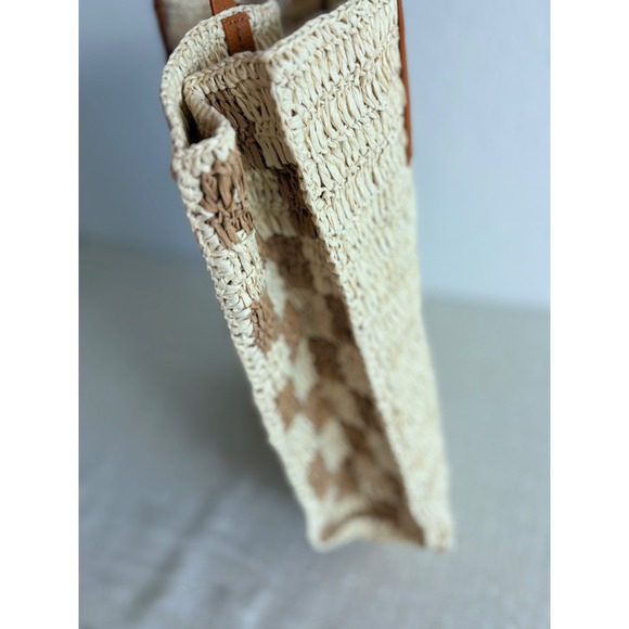 Universal Thread Packable Straw Tote Bag Beige Brown Checkerboard Ethically Made - Picture 7 of 9